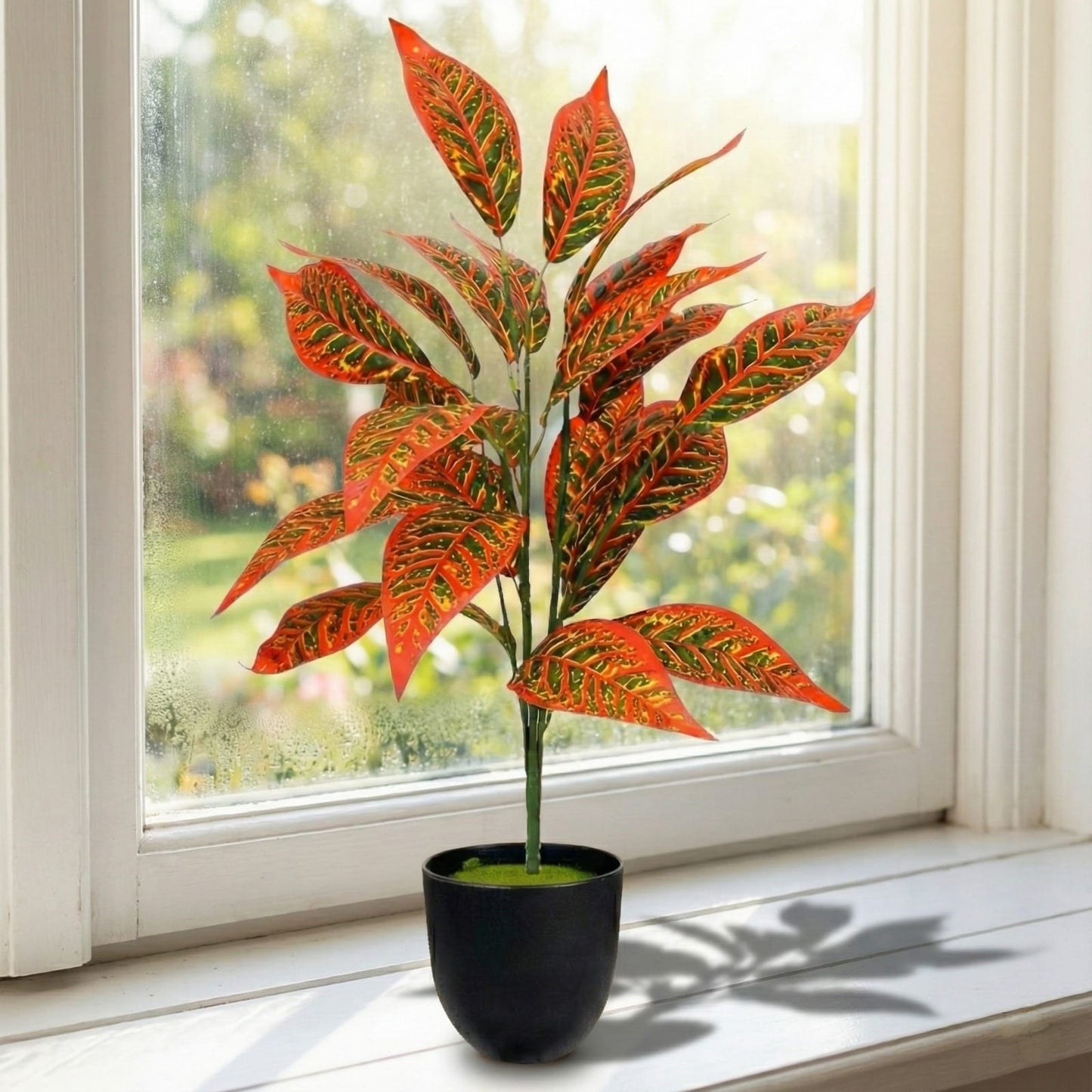 Dekorly Artificial Reddish Zebra Leaf Tropical Plant – 30 Inch Fake Palm with 26 Leaves for Home Decor