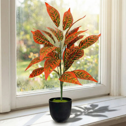 Dekorly Artificial Reddish Zebra Leaf Tropical Plant – 30 Inch Fake Palm with 26 Leaves for Home Decor