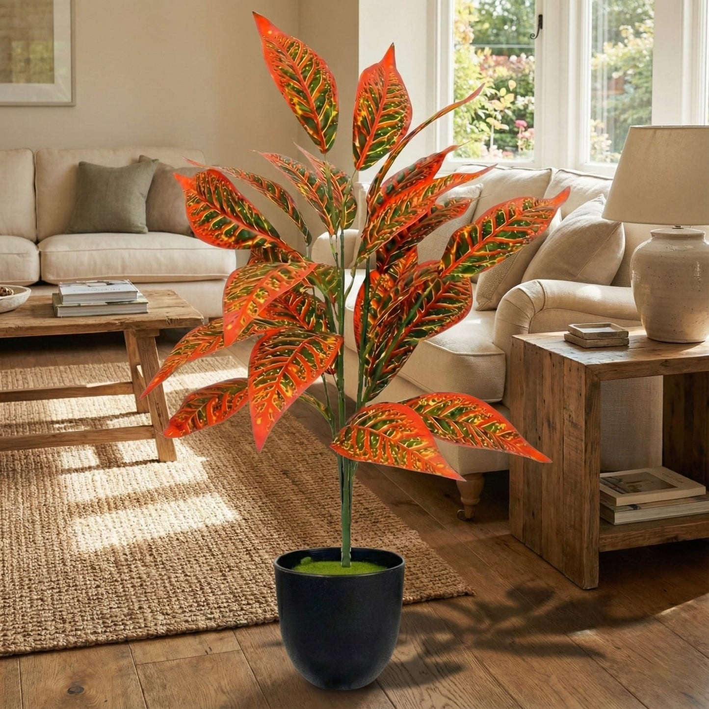 Dekorly Artificial Reddish Zebra Leaf Tropical Plant – 30 Inch Fake Palm with 26 Leaves for Home Decor