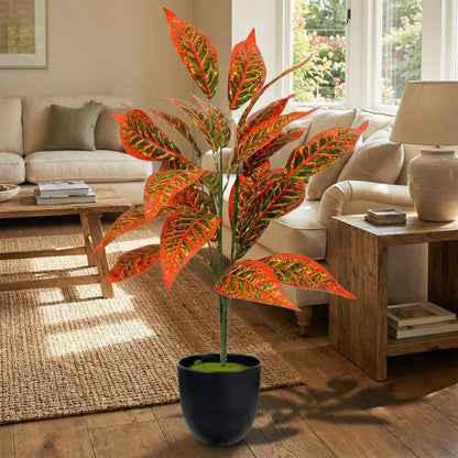 Dekorly Artificial Reddish Zebra Leaf Tropical Plant – 30 Inch Fake Palm with 26 Leaves for Home Decor
