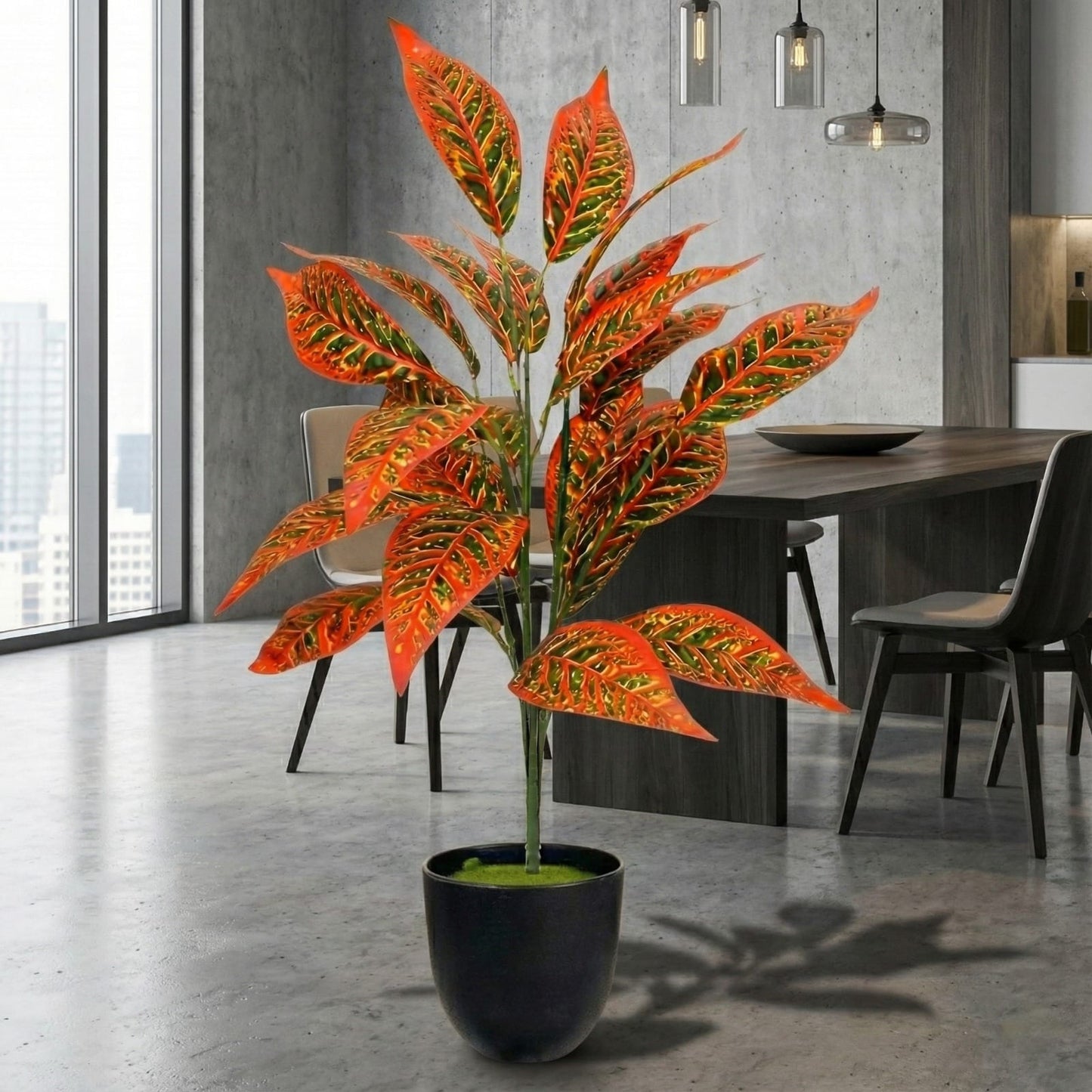 Dekorly Artificial Reddish Zebra Leaf Tropical Plant – 30 Inch Fake Palm with 26 Leaves for Home Decor