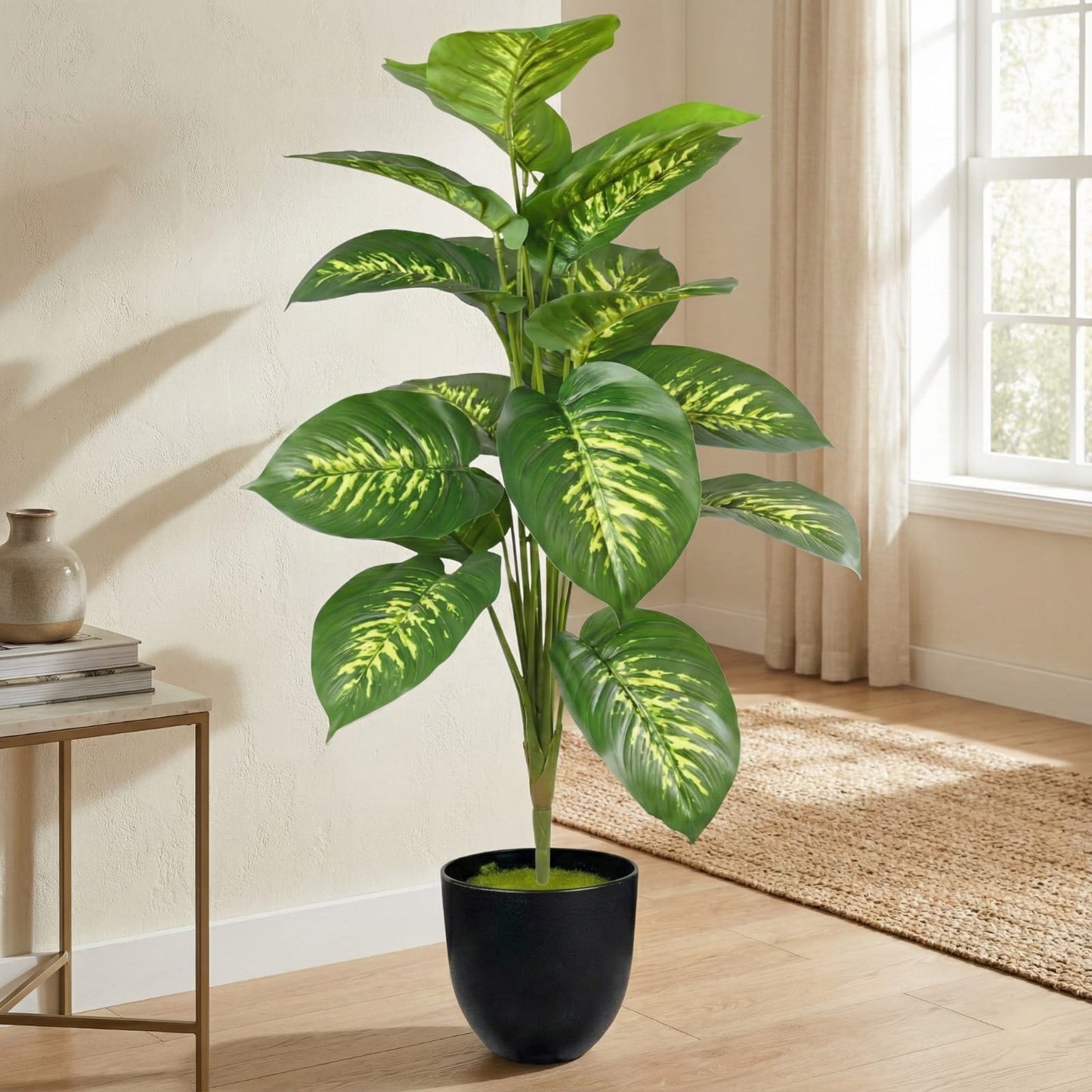 Dekorly 26″ Artificial Dieffenbachia Plant in Black Pot– Indoor Home Décor