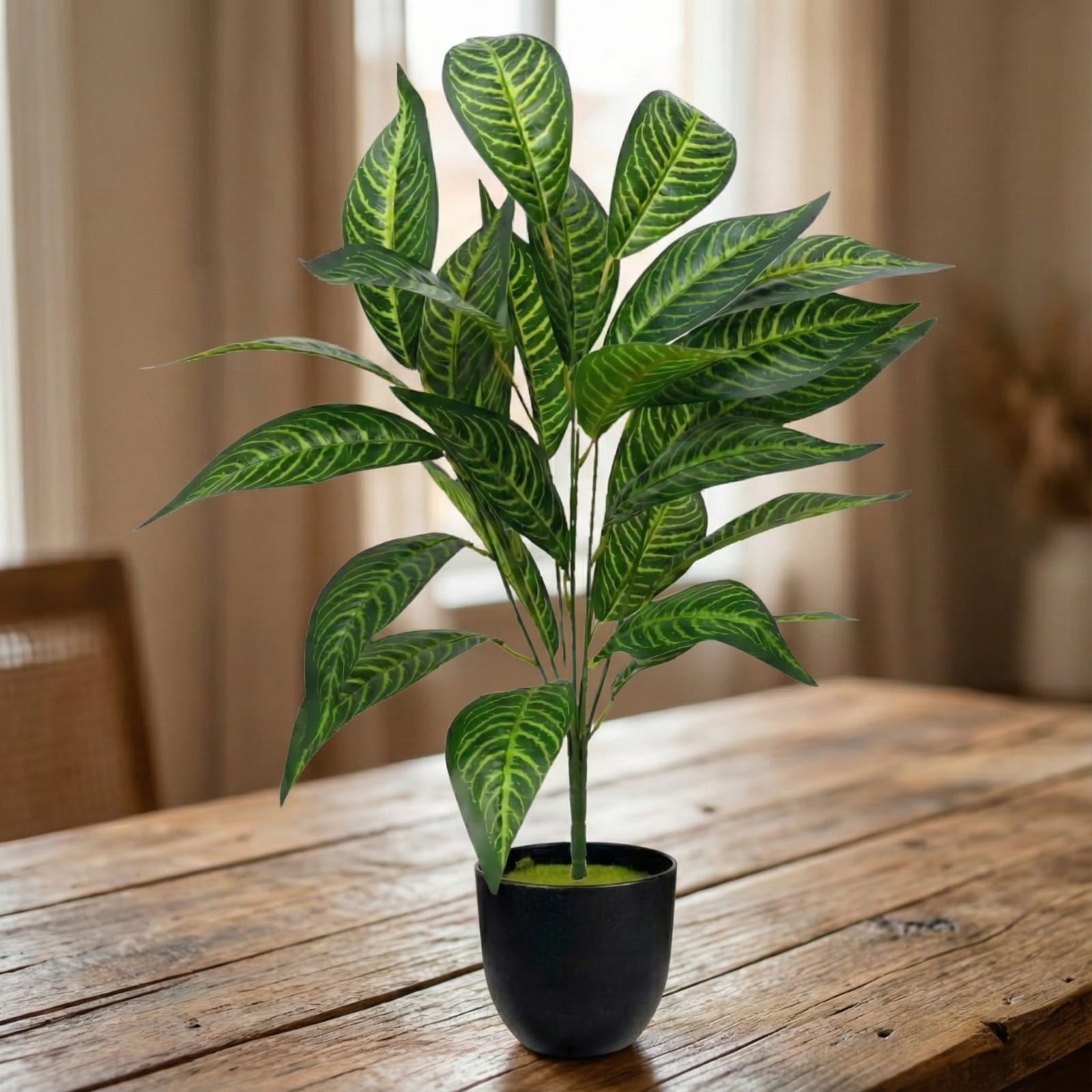 Potted plant with green leaves on a wooden table