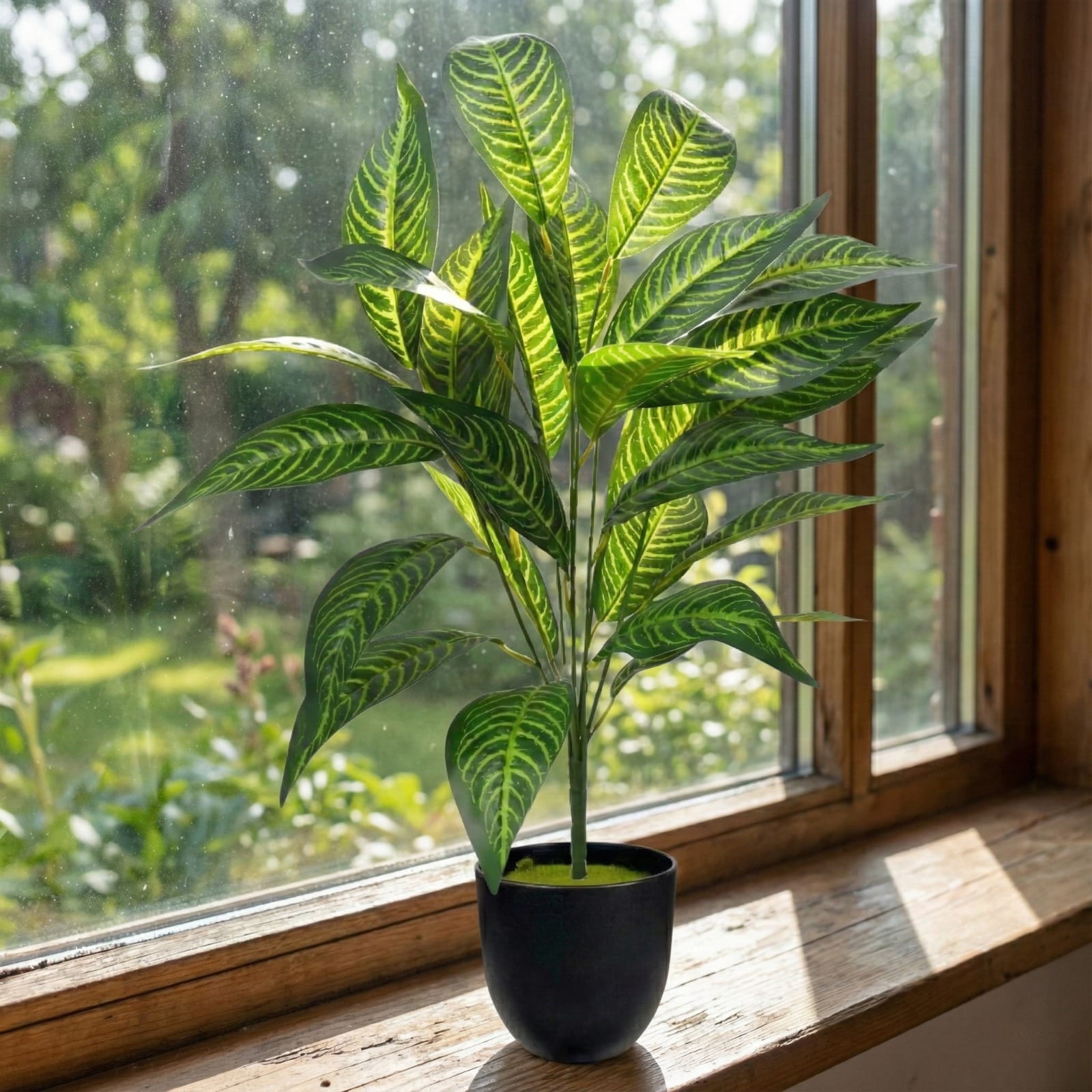 Potted plant on a windowsill with a view of greenery outside