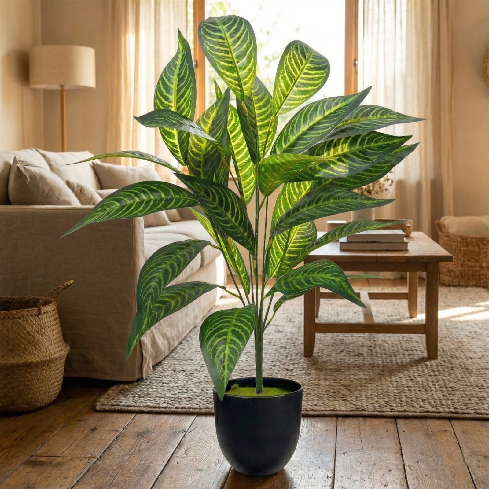 Large green potted plant in a living room with a couch and wooden table.