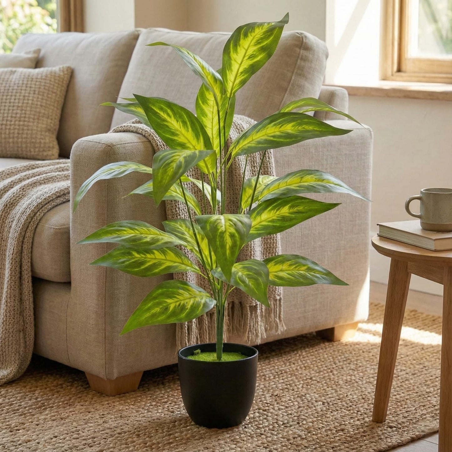 Dekorly Artificial Zebra Leaf Tropical Palm with Pot – 76 cm (30 Inch) Fake Plant with 26 Leaves for Indoor Home & Office Decor