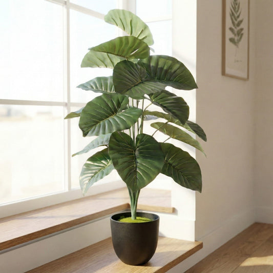 Dekorly 26″ Artificial Elephant Ear Plant in Black Pot for Home & Office
