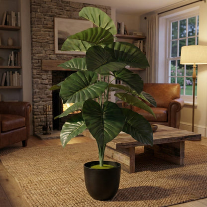 Dekorly 26″ Artificial Elephant Ear Plant in Black Pot for Home & Office