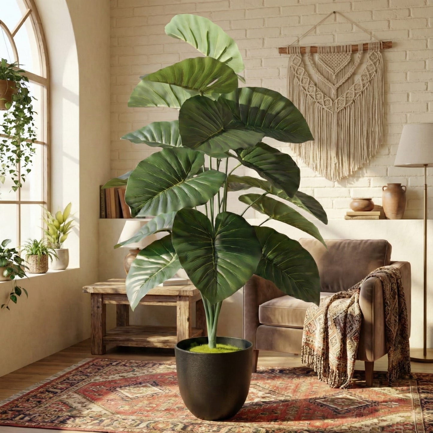 Dekorly 26″ Artificial Elephant Ear Plant in Black Pot for Home & Office