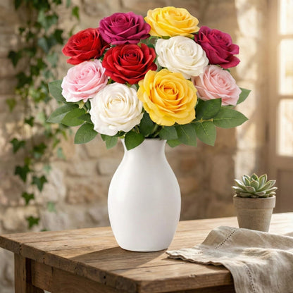 Dekorly 10pcs Fake Roses Artificial Silk Flowers Faux Rose Flower Long Stems Bouquet for Arrangement Wedding Centerpiece Party Home Kitchen Decor