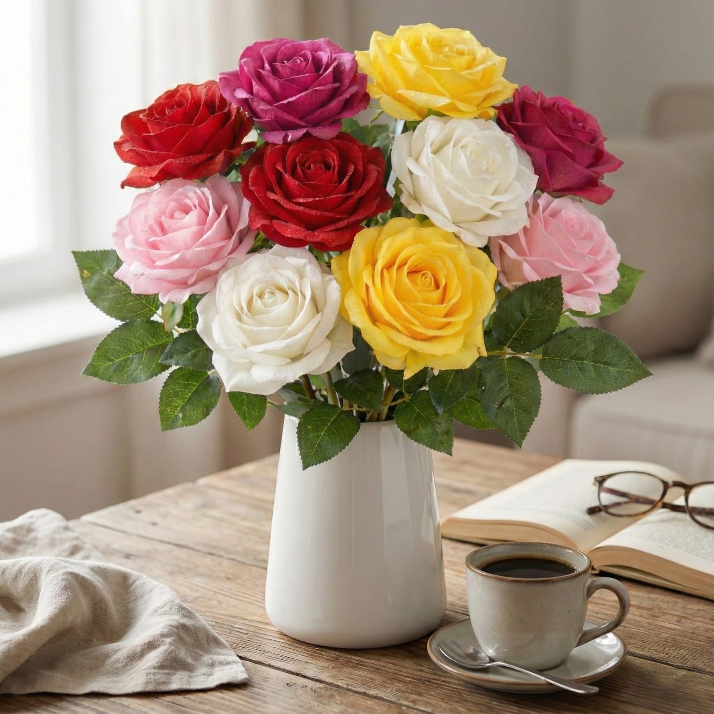 Dekorly 10pcs Fake Roses Artificial Silk Flowers Faux Rose Flower Long Stems Bouquet for Arrangement Wedding Centerpiece Party Home Kitchen Decor