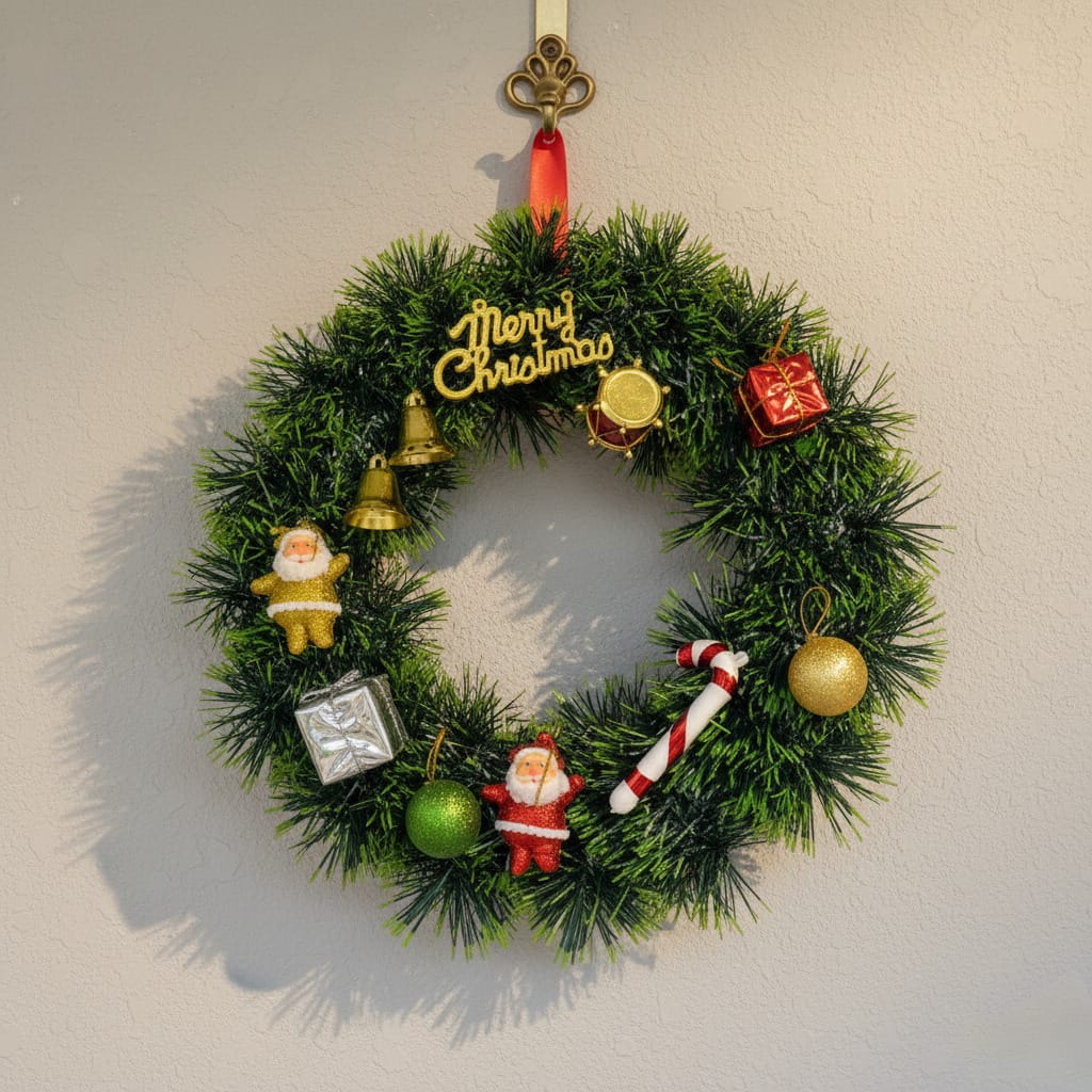 Decorative Christmas wreath with ornaments on a plain background

