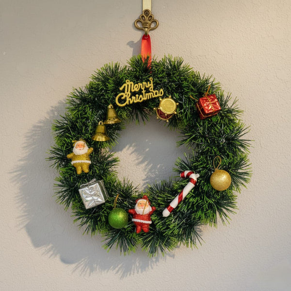 Dekorly Premium Artificial Christmas Wreath with Santa Claus, Baubles & Candy Cane – Front Door Decoration For Indoor/Outdoor Décor