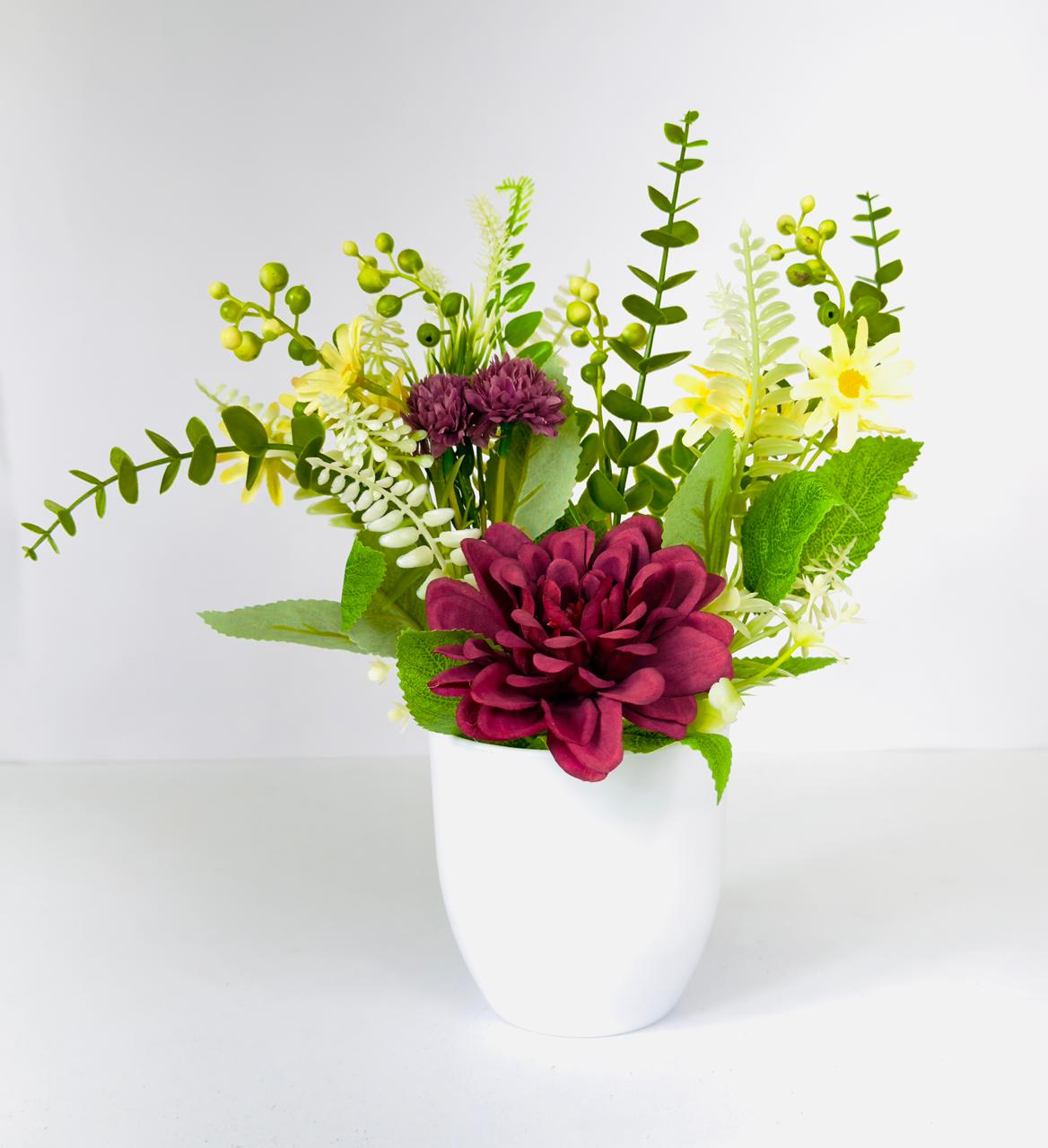 Dekorly Premium Faux Flower Chrysanthemum 28CM with Greenery- Burgundy & Yellow Bloom Mix in White Vase | Elegant Home Décor Vase Display