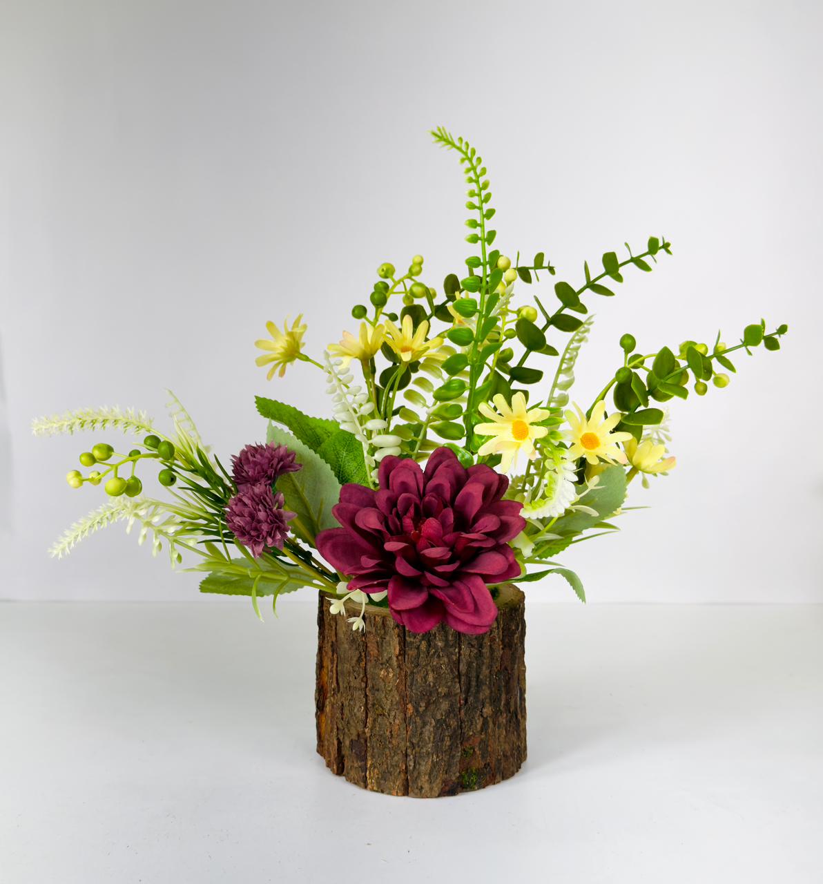 Dekorly 26cm Artificial Chrysanthemum Flower Arrangement – Burgundy & Yellow Blooms with Greenery in Rustic Wood-Style Pot | Lifelike Faux Floral Centerpiece for Home & Office Décor