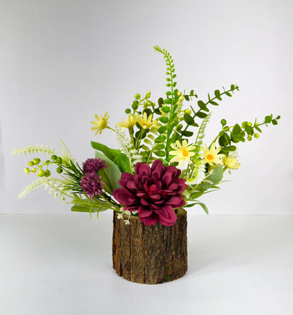 Dekorly 26cm Artificial Chrysanthemum Flower Arrangement – Burgundy & Yellow Blooms with Greenery in Rustic Wood-Style Pot | Lifelike Faux Floral Centerpiece for Home & Office Décor