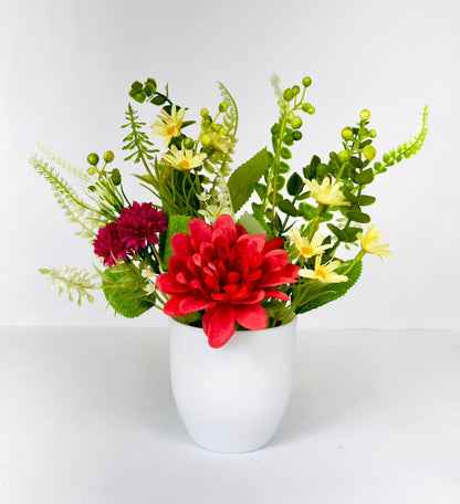 Dekorly Premium Faux Flower Chrysanthemum 28CM with Greenery- Burgundy & Yellow Bloom Mix in White Vase | Elegant Home Décor Vase Display
