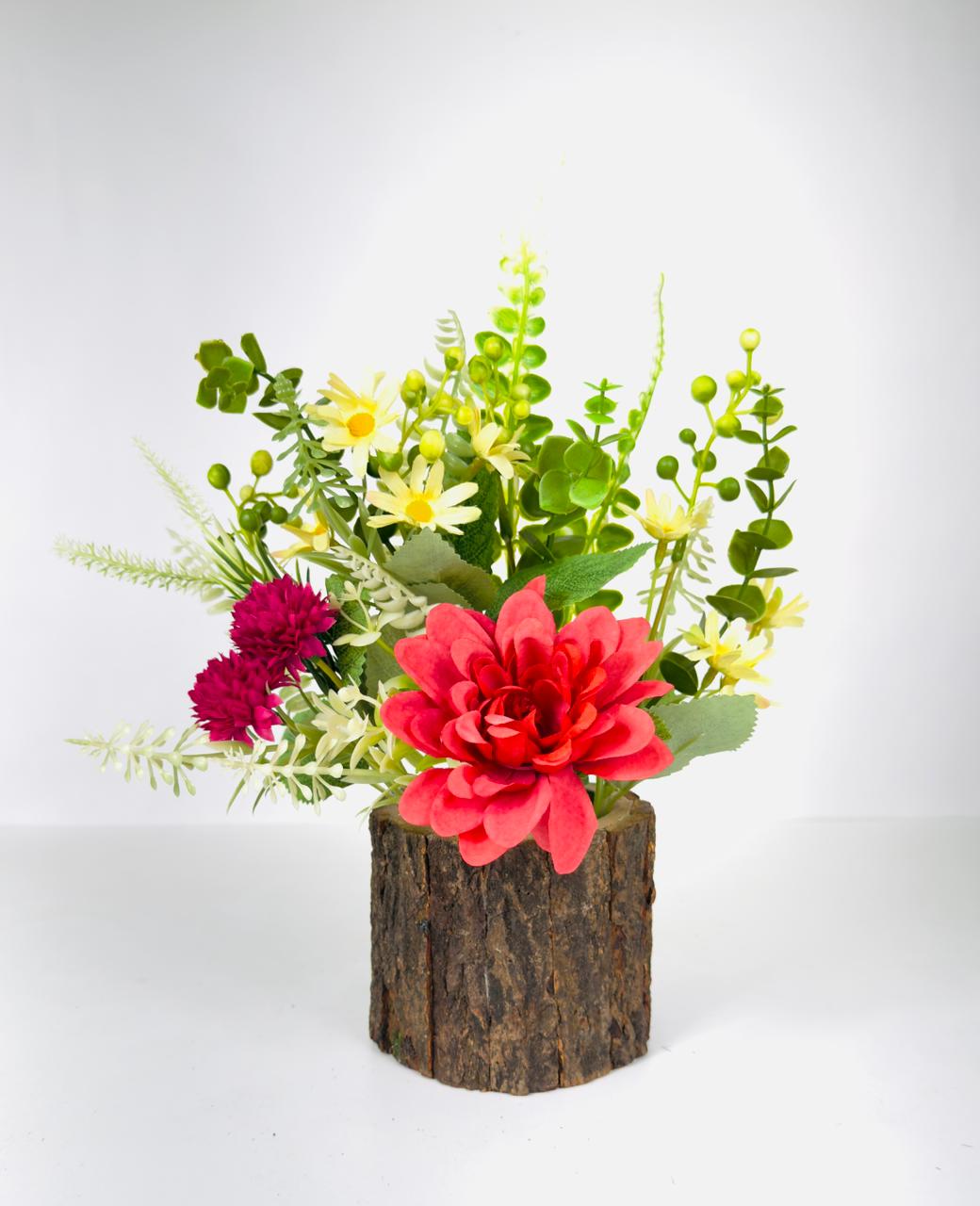 Dekorly 26cm Artificial Chrysanthemum Flower Arrangement – Burgundy & Yellow Blooms with Greenery in Rustic Wood-Style Pot | Lifelike Faux Floral Centerpiece for Home & Office Décor