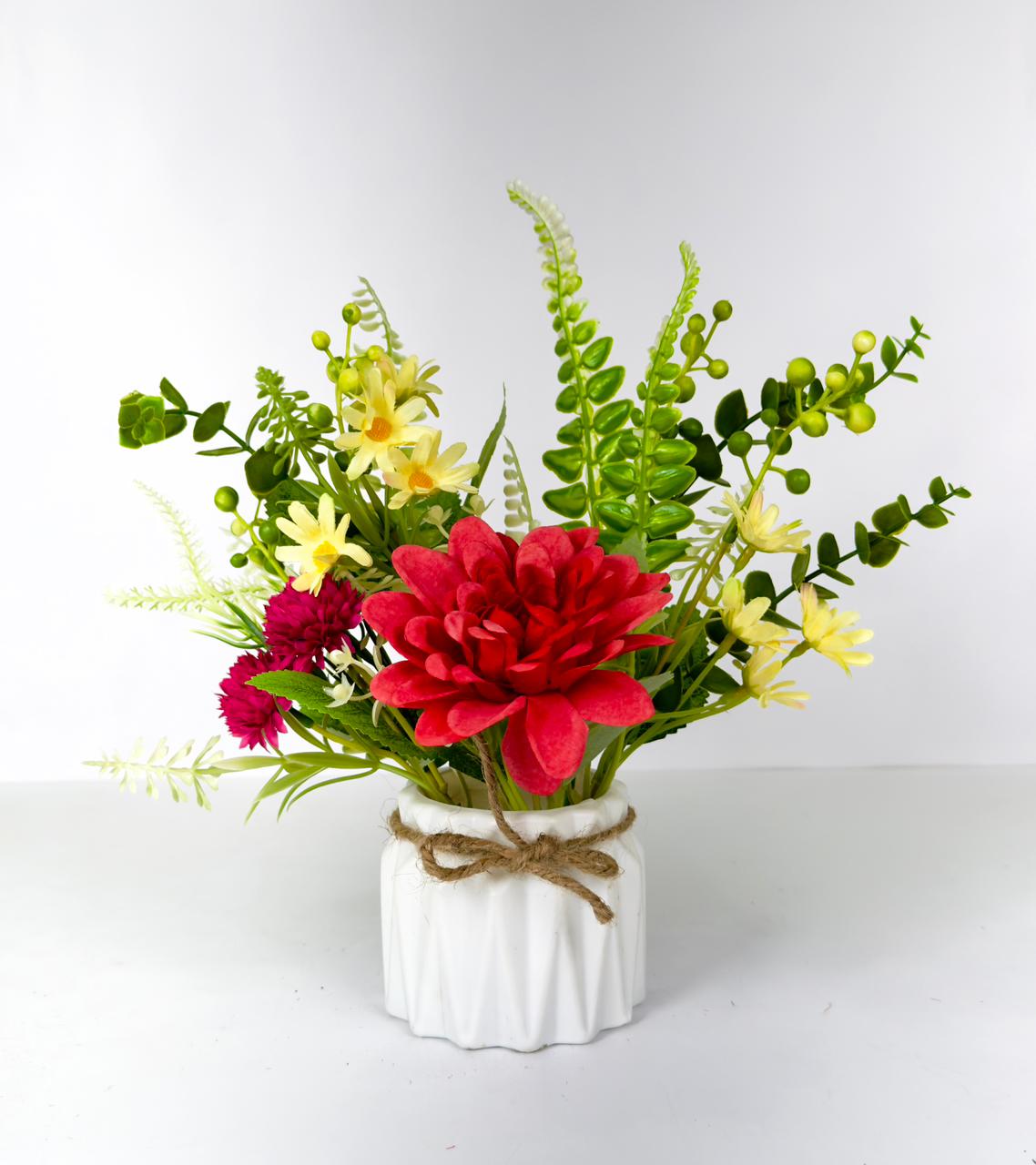 Dekorly 25cm Artificial Chrysanthemum Floral Arrangement – Burgundy & Yellow Blooms with Greenery in Decorative White Pot with Rope Tie | Faux Flower Centerpiece for Home & Office Décor