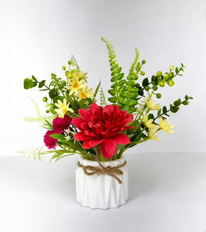 Dekorly 25cm Artificial Chrysanthemum Floral Arrangement – Burgundy & Yellow Blooms with Greenery in Decorative White Pot with Rope Tie | Faux Flower Centerpiece for Home & Office Décor