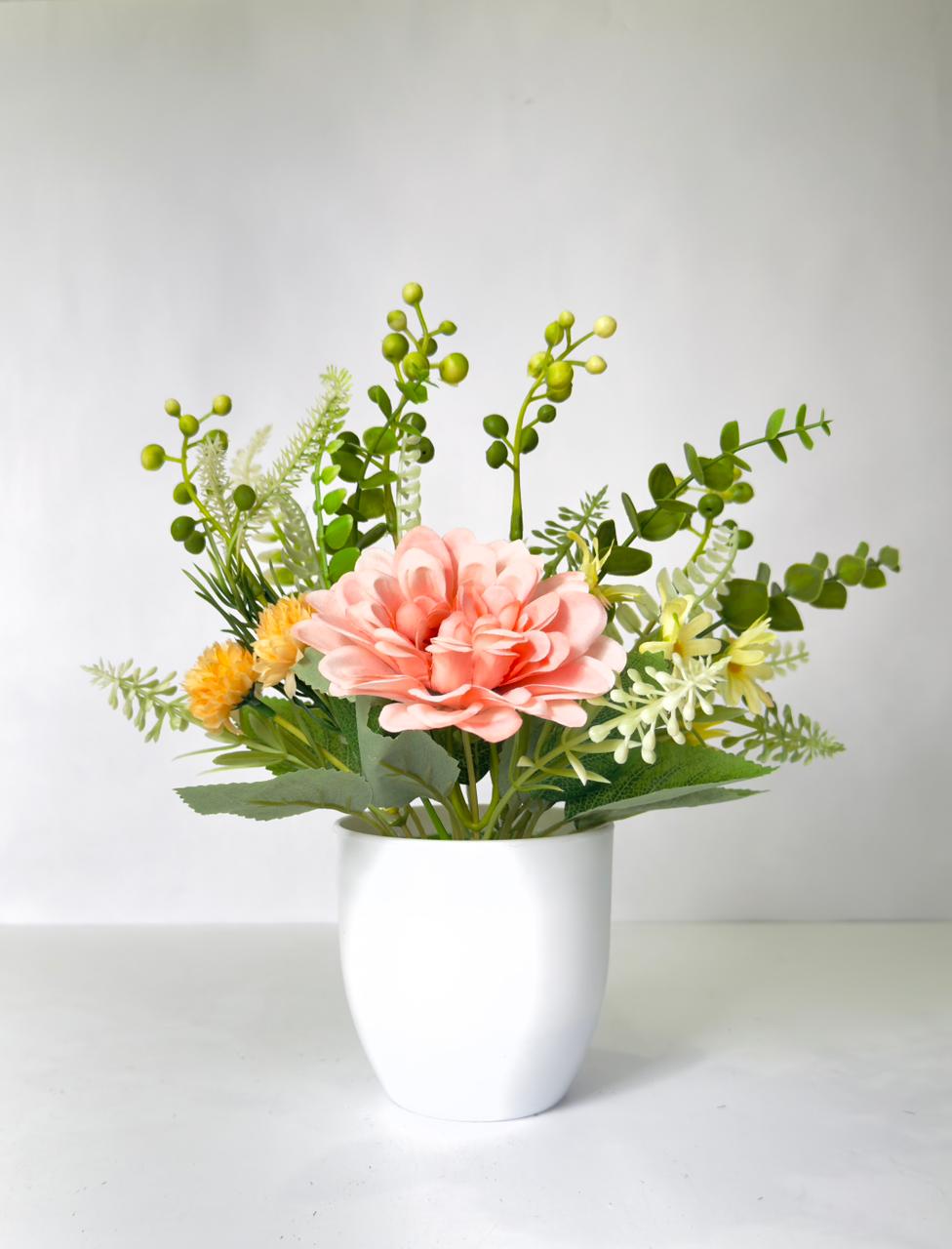 Dekorly Premium Faux Flower Chrysanthemum 28CM with Greenery- Burgundy & Yellow Bloom Mix in White Vase | Elegant Home Décor Vase Display