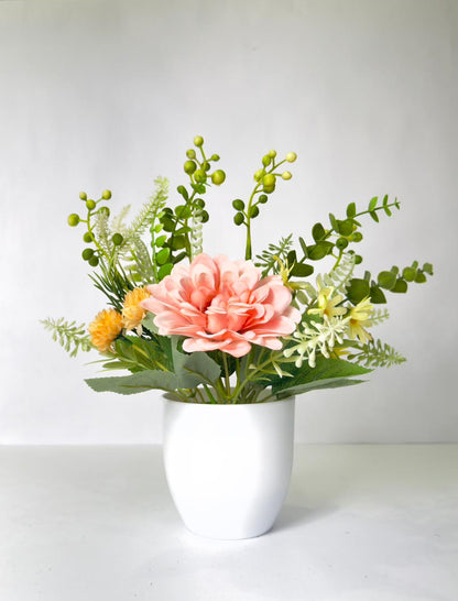 Dekorly Premium Faux Flower Chrysanthemum 28CM with Greenery- Burgundy & Yellow Bloom Mix in White Vase | Elegant Home Décor Vase Display