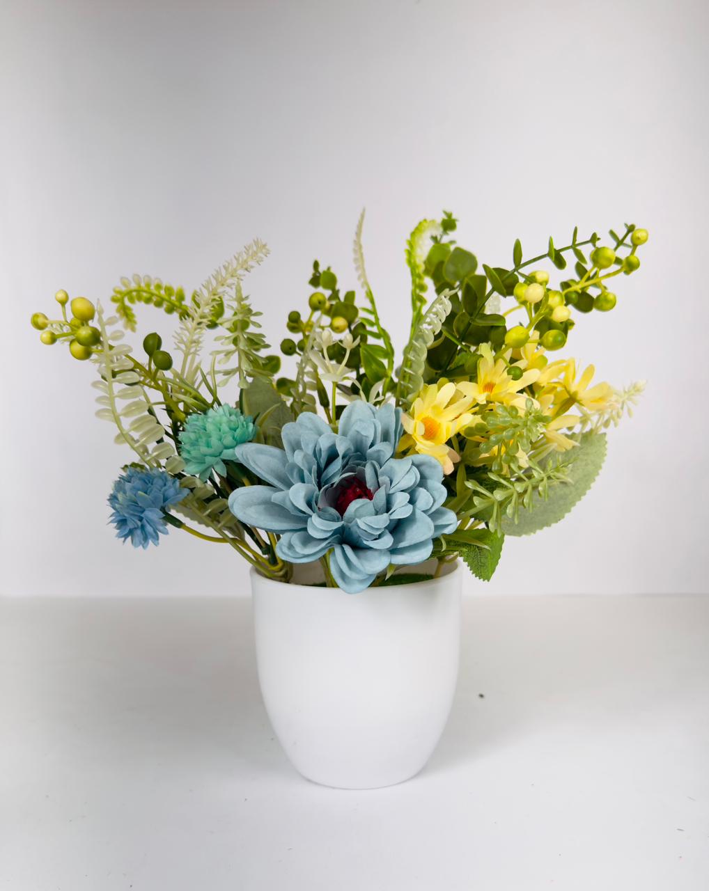 Dekorly Premium Faux Flower Chrysanthemum 28CM with Greenery- Burgundy & Yellow Bloom Mix in White Vase | Elegant Home Décor Vase Display