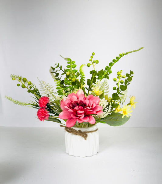 Dekorly 25cm Artificial Chrysanthemum Floral Arrangement – Burgundy & Yellow Blooms with Greenery in Decorative White Pot with Rope Tie | Faux Flower Centerpiece for Home & Office Décor