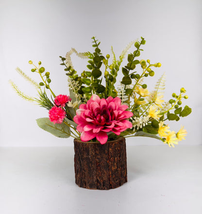 Dekorly 26cm Artificial Chrysanthemum Flower Arrangement – Burgundy & Yellow Blooms with Greenery in Rustic Wood-Style Pot | Lifelike Faux Floral Centerpiece for Home & Office Décor