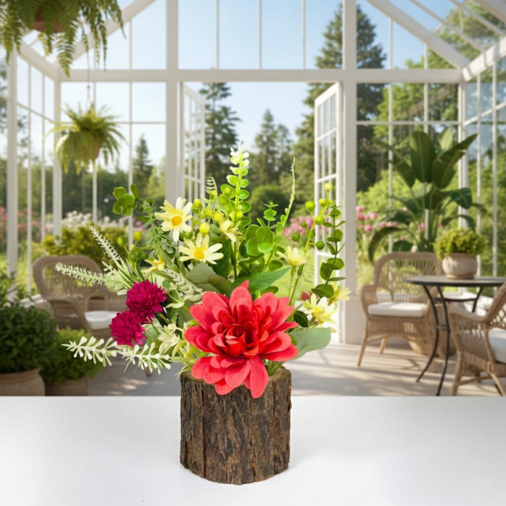 Dekorly 26cm Artificial Chrysanthemum Flower Arrangement – Burgundy & Yellow Blooms with Greenery in Rustic Wood-Style Pot | Lifelike Faux Floral Centerpiece for Home & Office Décor