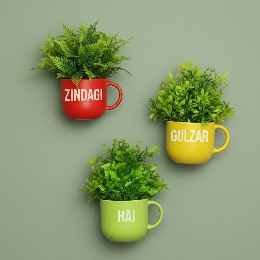 Dekorly Colorful Wall-Mounted Mug Planters with Faux Greenery(20 CM)- Wall Decorative Pots for Vibrant Home & Office Decor| Pack of 3