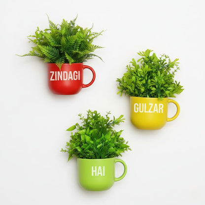 Dekorly Colorful Wall-Mounted Mug Planters with Faux Greenery(20 CM)- Wall Decorative Pots for Vibrant Home & Office Decor| Pack of 3