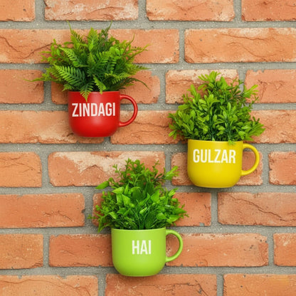 Dekorly Colorful Wall-Mounted Mug Planters with Faux Greenery(20 CM)- Wall Decorative Pots for Vibrant Home & Office Decor| Pack of 3