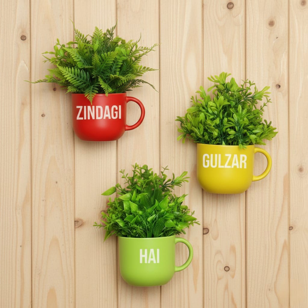 Dekorly Colorful Wall-Mounted Mug Planters with Faux Greenery(20 CM)- Wall Decorative Pots for Vibrant Home & Office Decor| Pack of 3