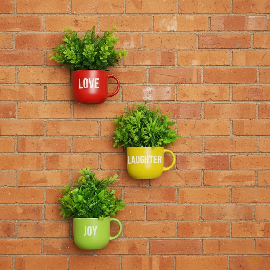 Dekorly Colorful Wall-Mounted Mug Planters with Faux Greenery(20 CM)- Wall Decorative Pots for Vibrant Home & Office Decor| Pack of 3