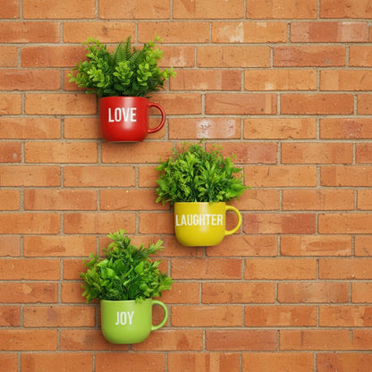 Dekorly Colorful Wall-Mounted Mug Planters with Faux Greenery(20 CM)- Wall Decorative Pots for Vibrant Home & Office Decor| Pack of 3