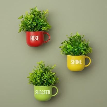 Dekorly Colorful Wall-Mounted Mug Planters with Faux Greenery(20 CM)- Wall Decorative Pots for Vibrant Home & Office Decor| Pack of 3