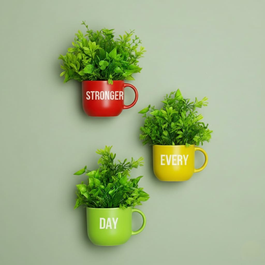 Dekorly Colorful Wall-Mounted Mug Planters with Faux Greenery(20 CM)- Wall Decorative Pots for Vibrant Home & Office Decor| Pack of 3