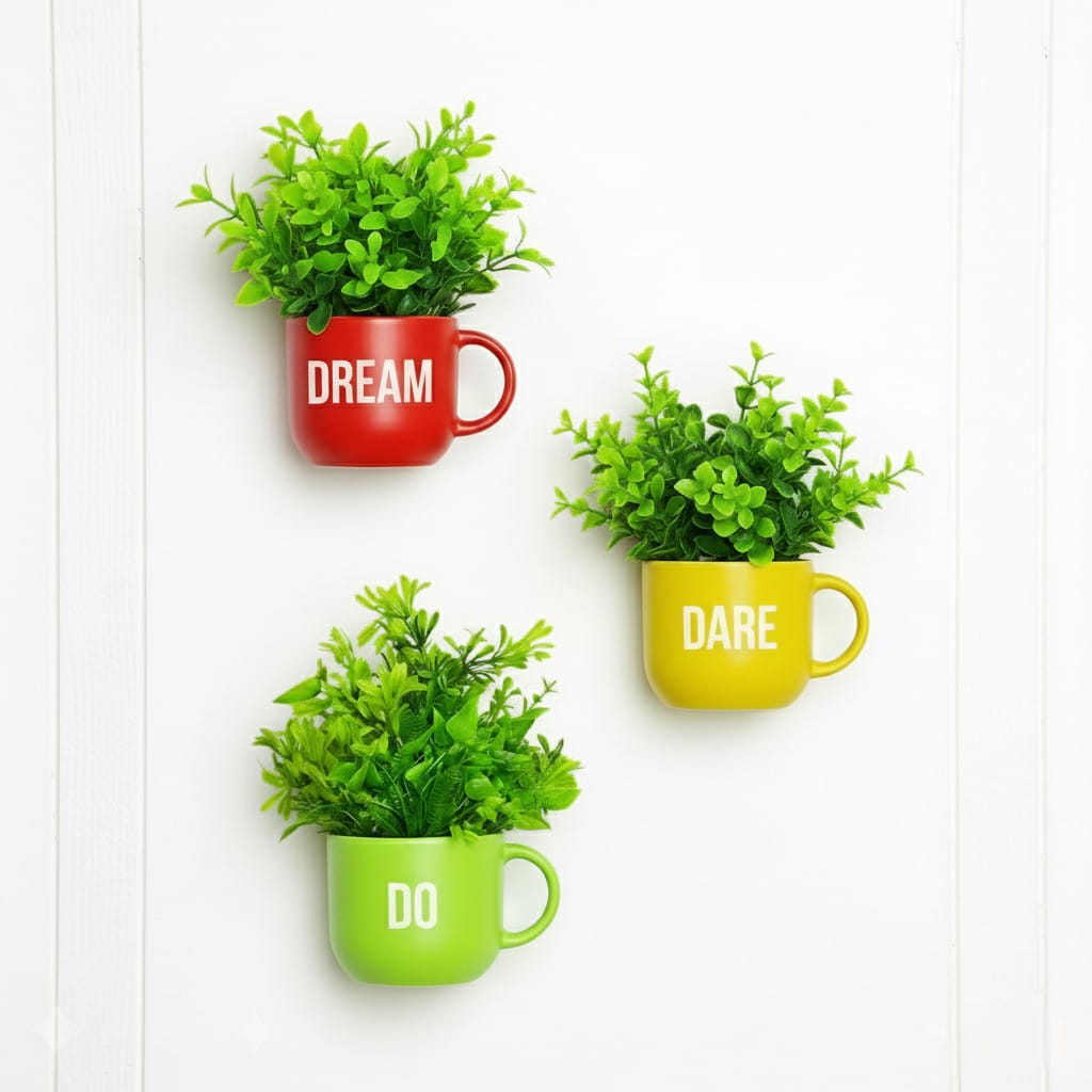 Dekorly Colorful Wall-Mounted Mug Planters with Faux Greenery(20 CM)- Wall Decorative Pots for Vibrant Home & Office Decor| Pack of 3
