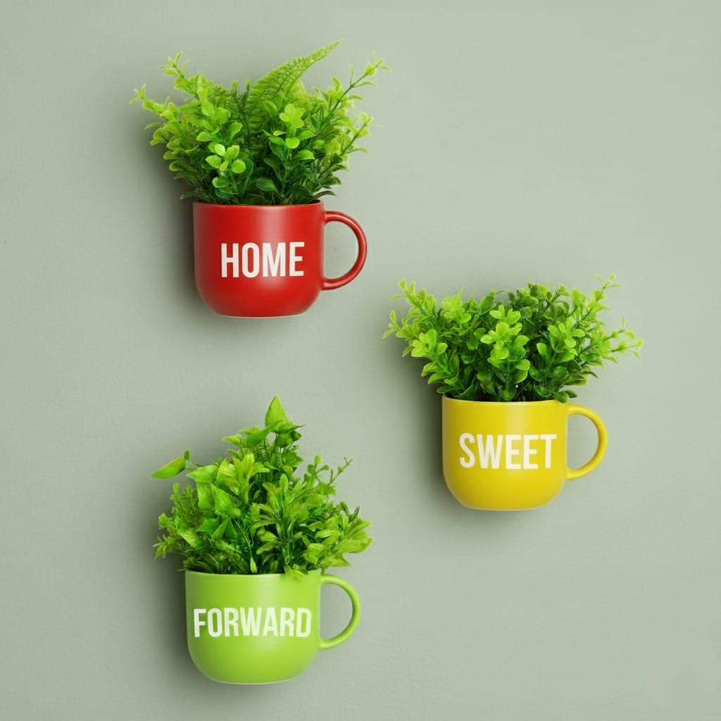 Dekorly Colorful Wall-Mounted Mug Planters with Faux Greenery(20 CM)- Wall Decorative Pots for Vibrant Home & Office Decor| Pack of 3