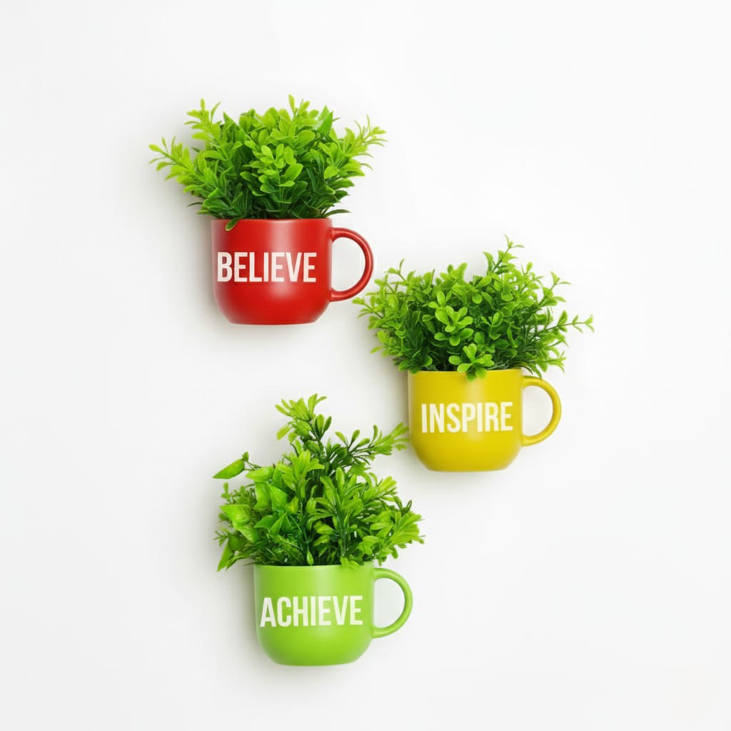 Dekorly Colorful Wall-Mounted Mug Planters with Faux Greenery(20 CM)- Wall Decorative Pots for Vibrant Home & Office Decor| Pack of 3
