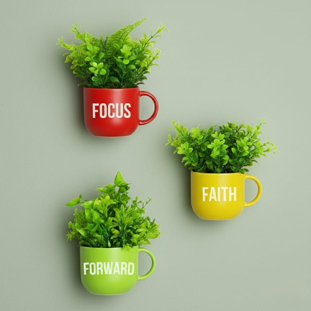 Dekorly Colorful Wall-Mounted Mug Planters with Faux Greenery(20 CM)- Wall Decorative Pots for Vibrant Home & Office Decor| Pack of 3