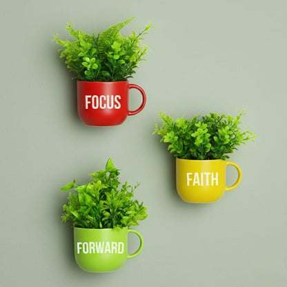 Dekorly Colorful Wall-Mounted Mug Planters with Faux Greenery(20 CM)- Wall Decorative Pots for Vibrant Home & Office Decor| Pack of 3