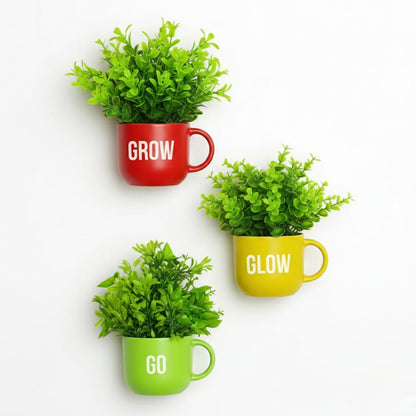 Dekorly Colorful Wall-Mounted Mug Planters with Faux Greenery(20 CM)- Wall Decorative Pots for Vibrant Home & Office Decor| Pack of 3