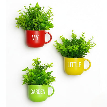 Dekorly Colorful Wall-Mounted Mug Planters with Faux Greenery(20 CM)- Wall Decorative Pots for Vibrant Home & Office Decor| Pack of 3