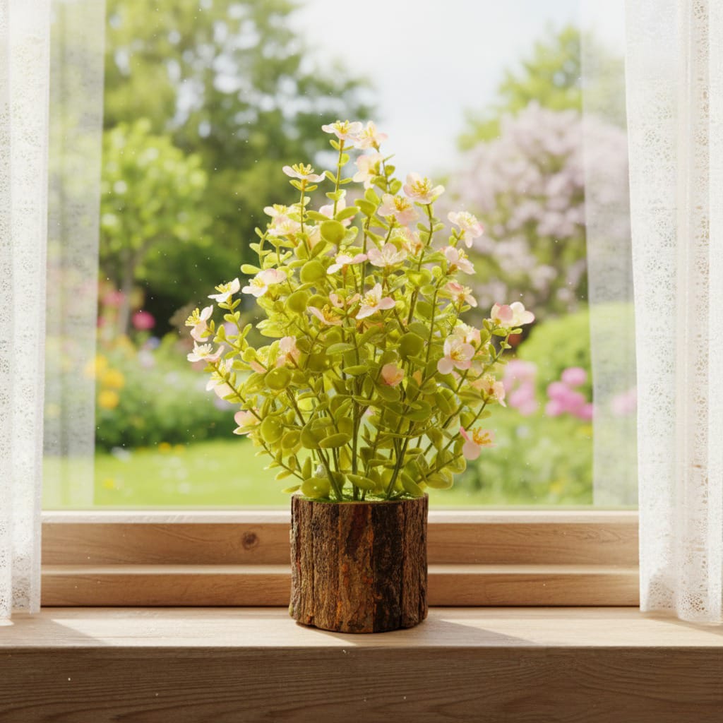 Artificial plant in a wooden pot on a windowsill with a garden view outside.