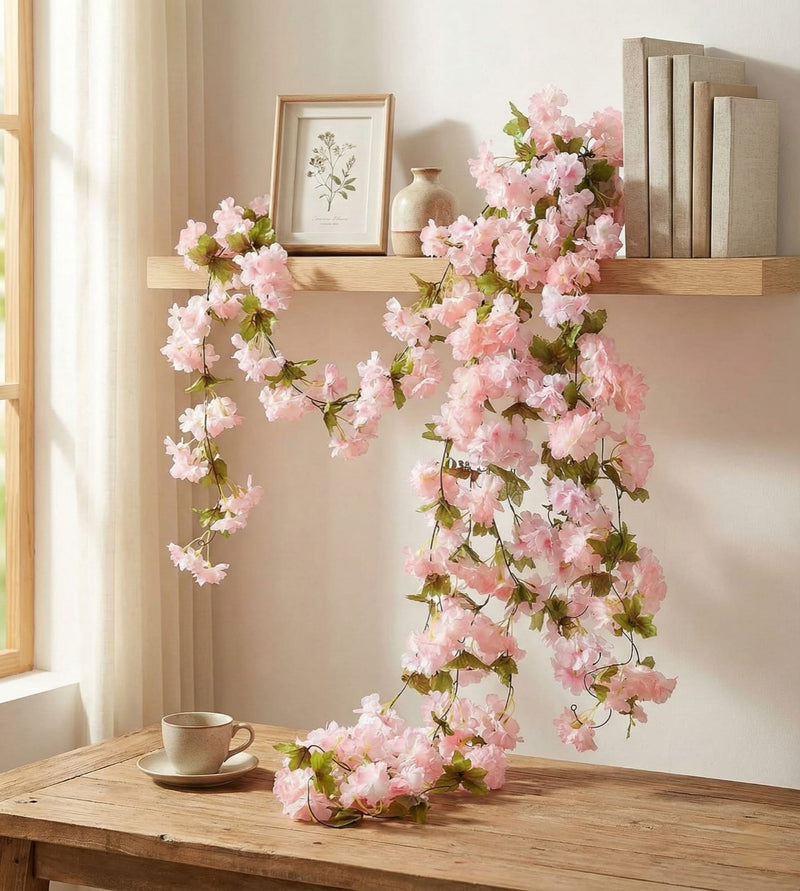 Pink floral garland on a wooden shelf with books and a framed picture.
