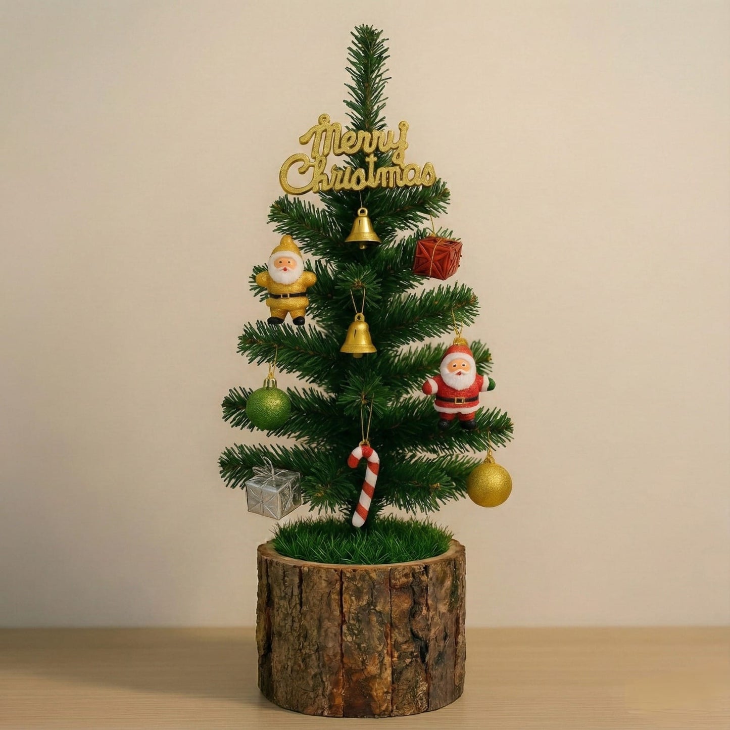 Dekorly 50cm Mini Artificial Christmas Tree with Ornaments, Tabletop Xmas Tree with Santa, Bells & Balls for Home Office Holiday Décor