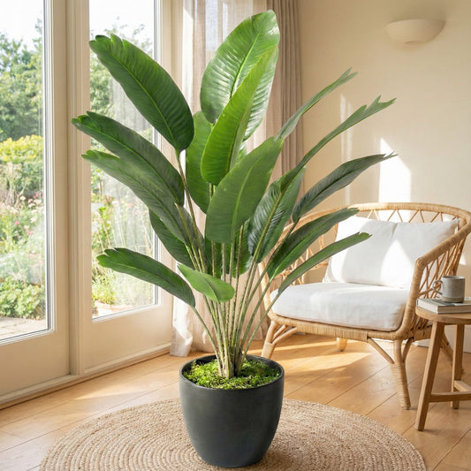 Dekorly Plastic Artificial Banana Plants Leaves Faux Turtle Leaf Fake Monstera Tropical Large Tree Outdoor Leaf Decorations | 18 Leaves | 26Inch (Black Pot | Only One)