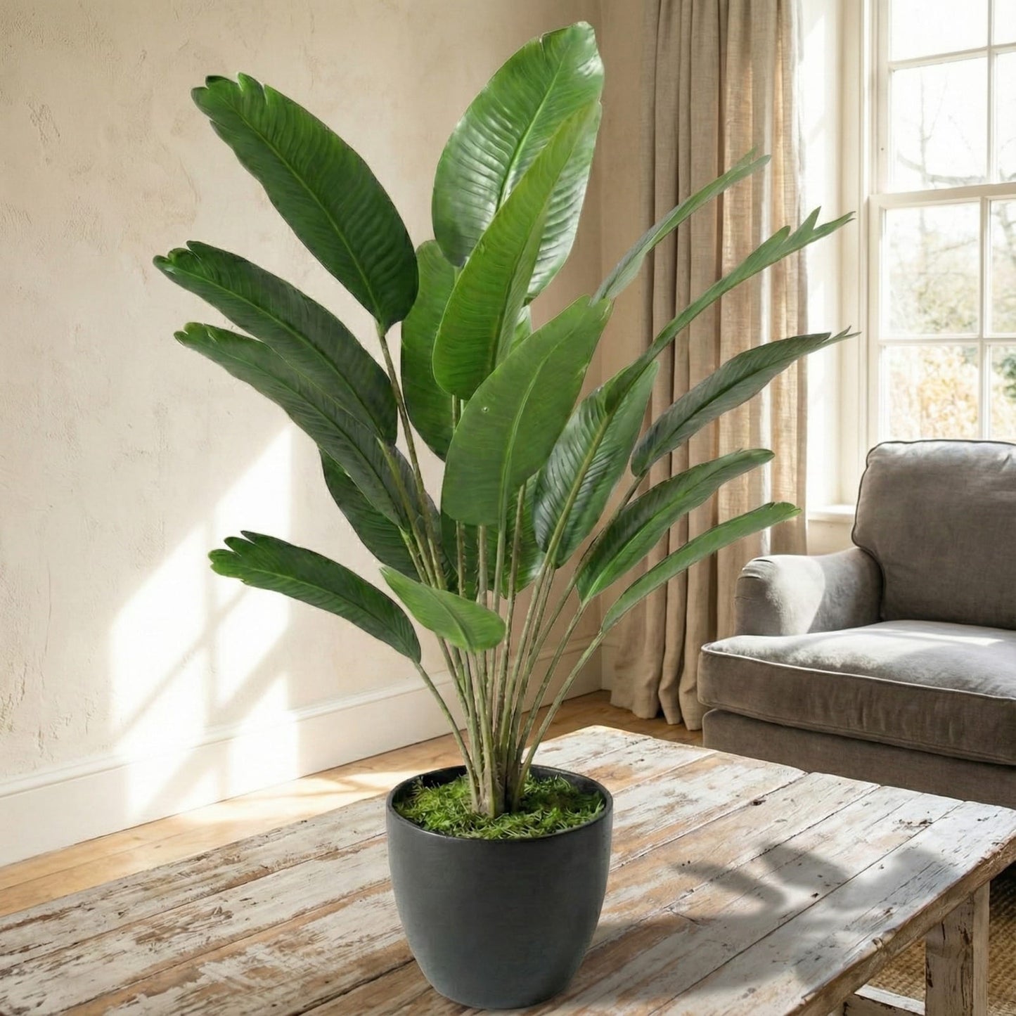 Dekorly Plastic Artificial Banana Plants Leaves Faux Turtle Leaf Fake Monstera Tropical Large Tree Outdoor Leaf Decorations | 18 Leaves | 26Inch (Black Pot | Only One)